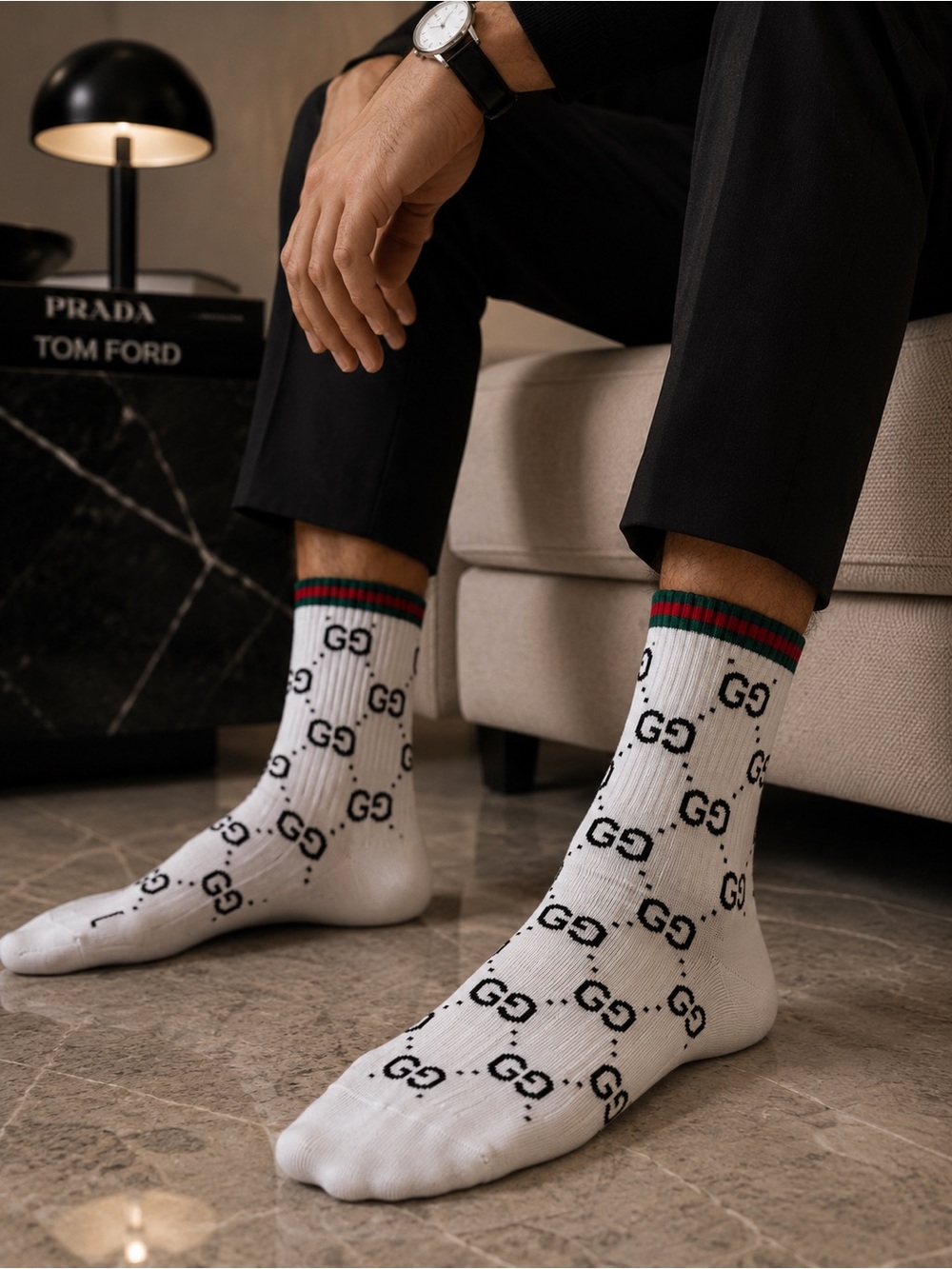 Gucci White Crew Socks with Black GG Monogram and Green-Red Stripe